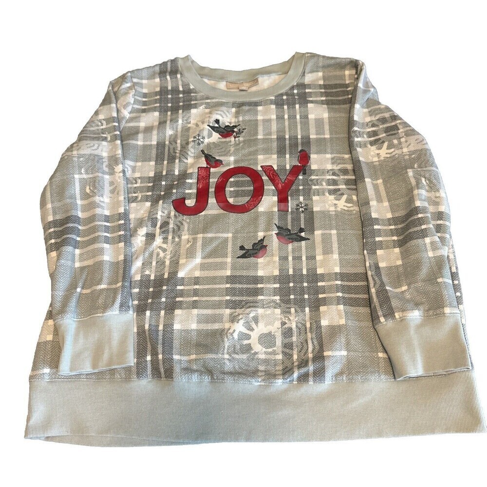 Woman Within GRAY Plaid JOY Snowflake Bird Christmas Sweatshirt SZ M (14-16)‎